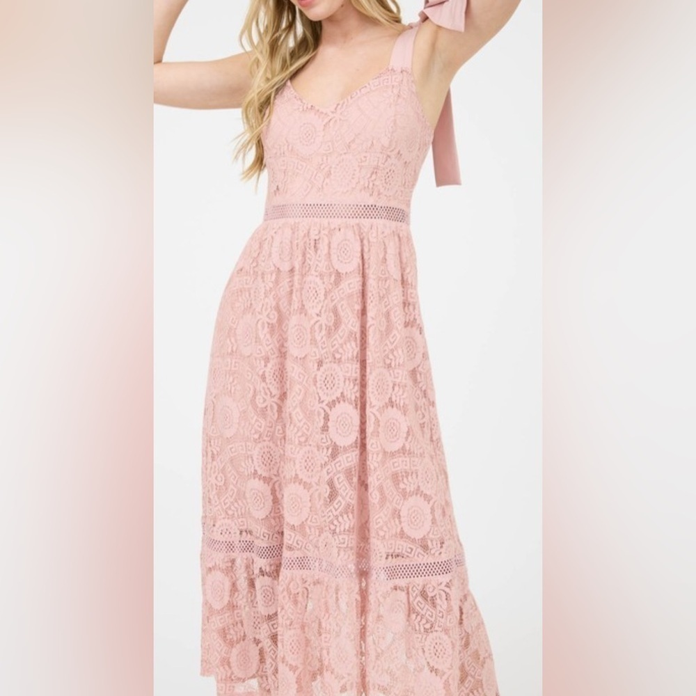 Lace Tie Strap Sheer Trim Sleeveless Midi Dress - Picture 1 of 4
